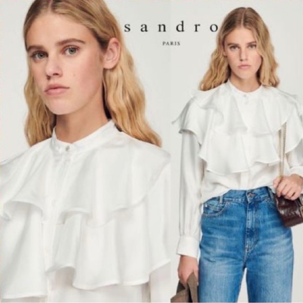 NWT Sandro Comedie white ruffle, silk shirt.